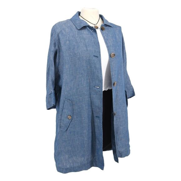 Japanese 100% Linen Blue Button Front Coat Jacket Minimalist Oversized - Picture 4 of 11